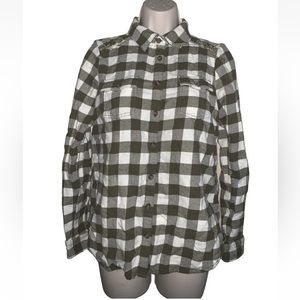 Women’s Aventura Plaid Button Up Long Sleeve Olive Green Sz S Embroidery Flowers